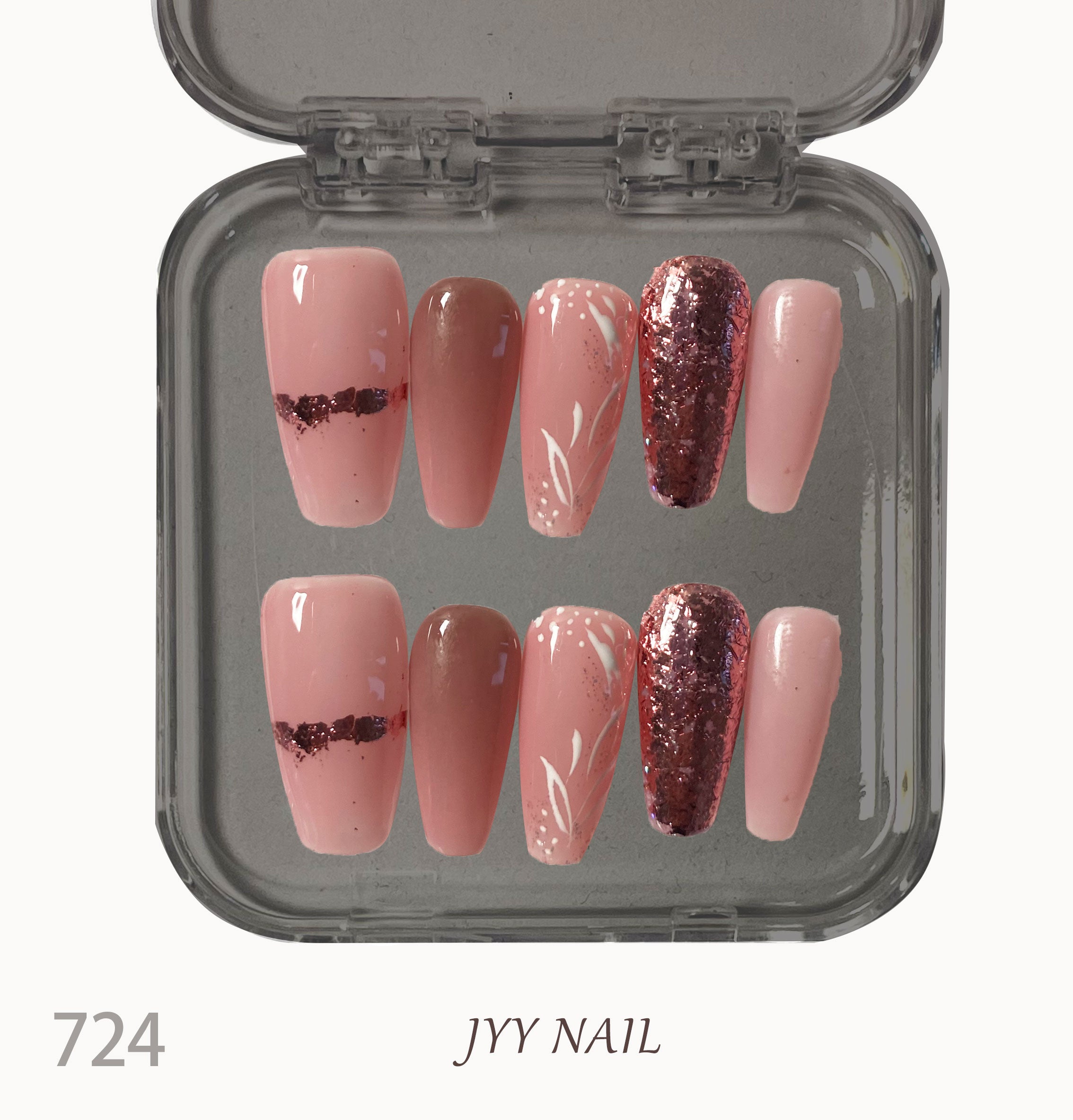 A724Pink fine shimmering leaves:Hand painted pink fine shimmering leaf nails