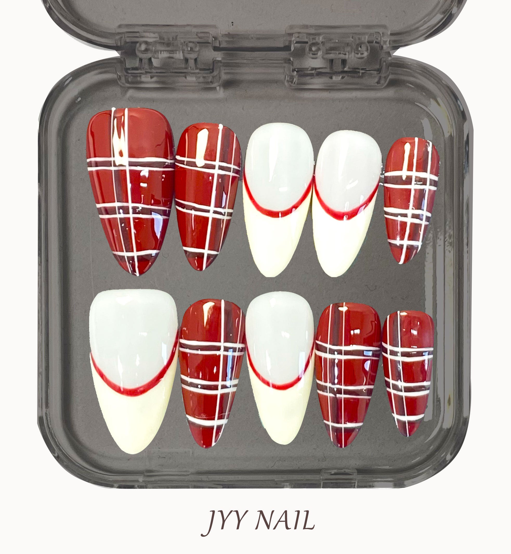 A107 Red grid:Red checkerboard French limited press on nails