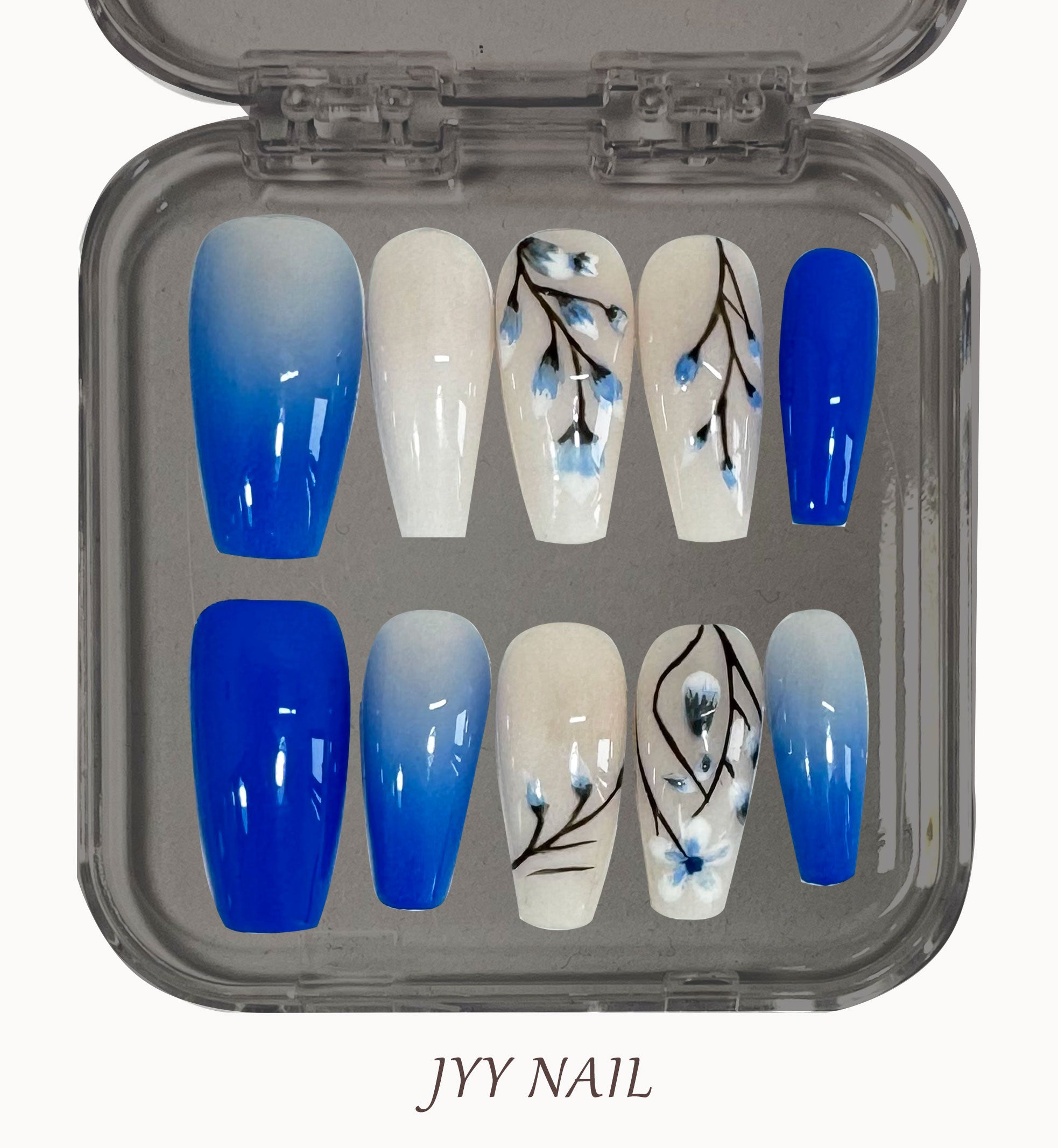 A205 Blue plum blossom：Blue gradient hand-painted custom manicure