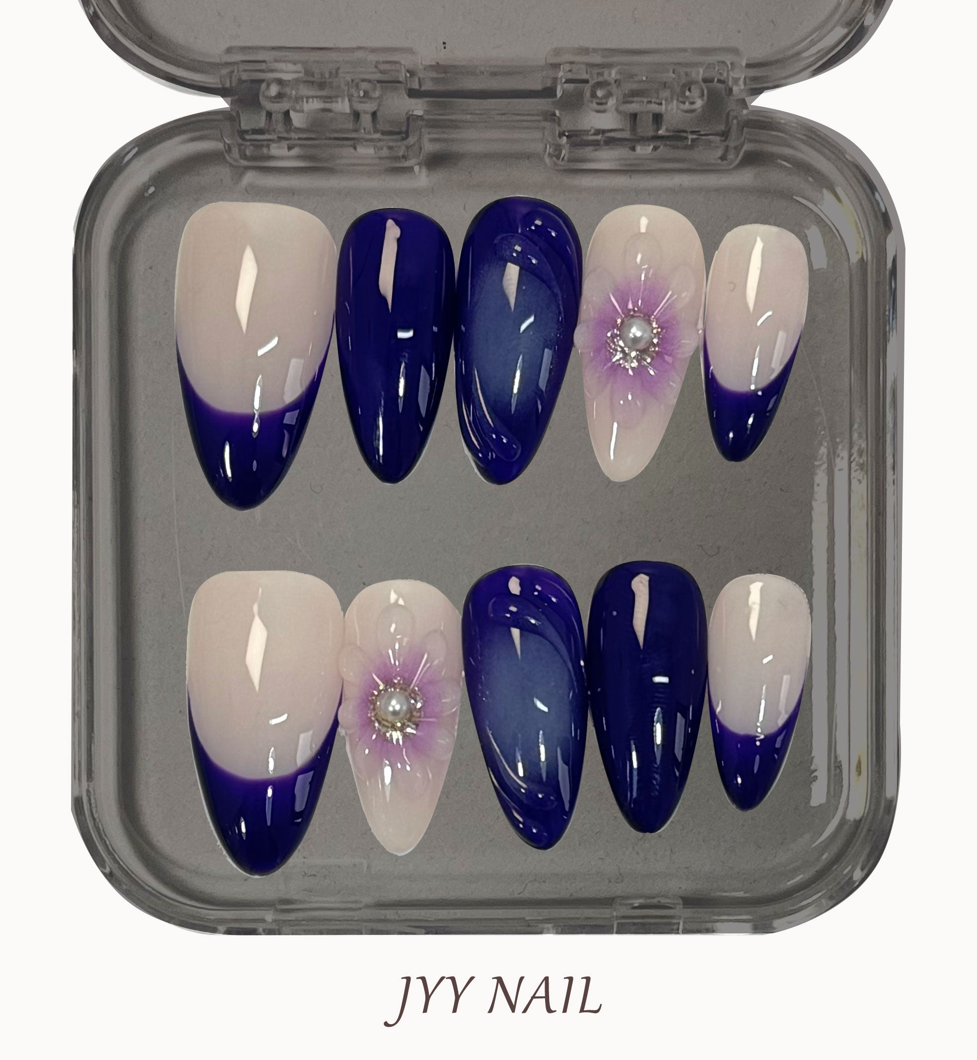 A217 Sapphire French:Handmade romantic French floral nail art white