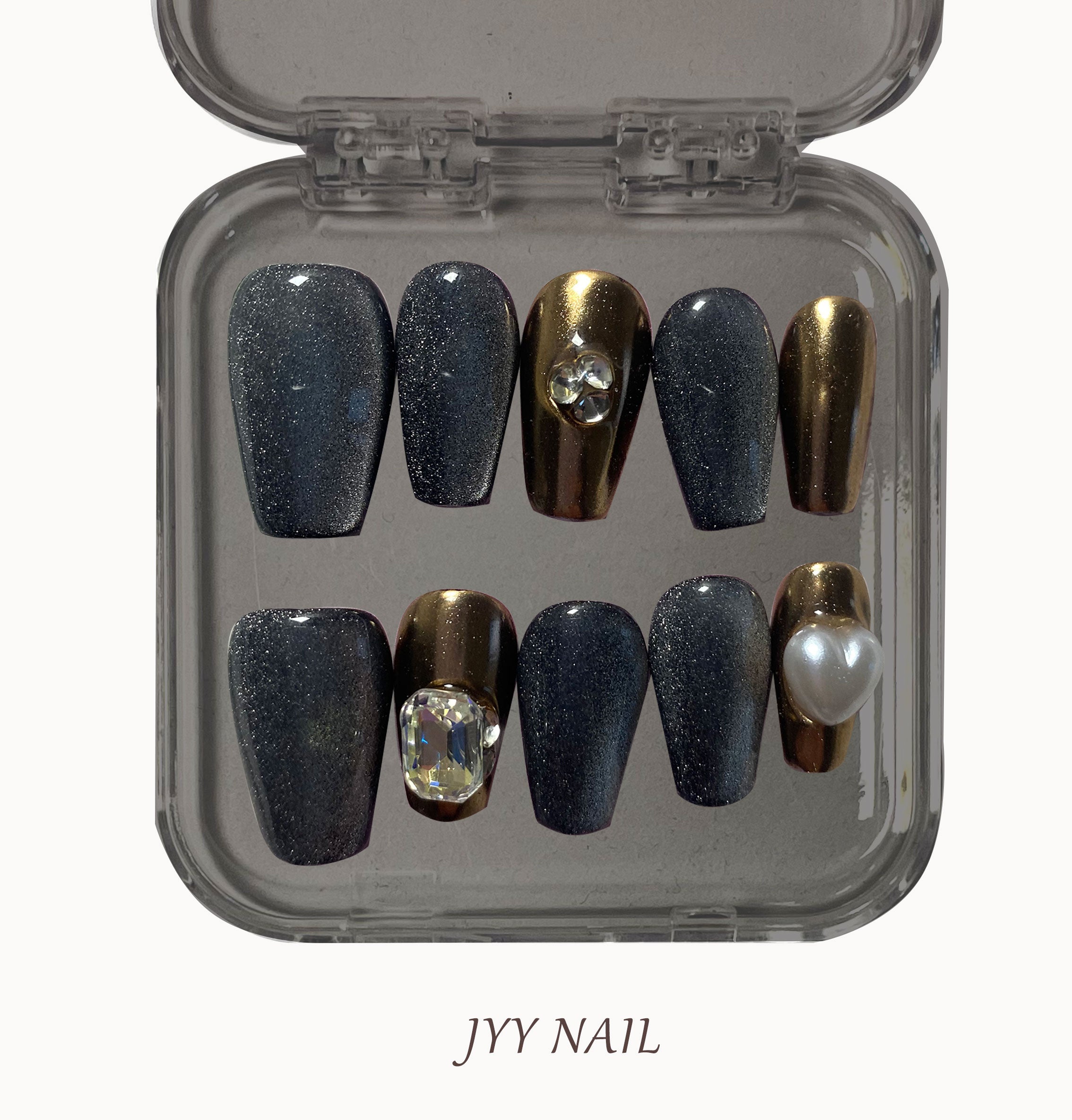 A339 Black gold is full of diamonds:Black gold heavy metal series high luxury custom full diamond nail art