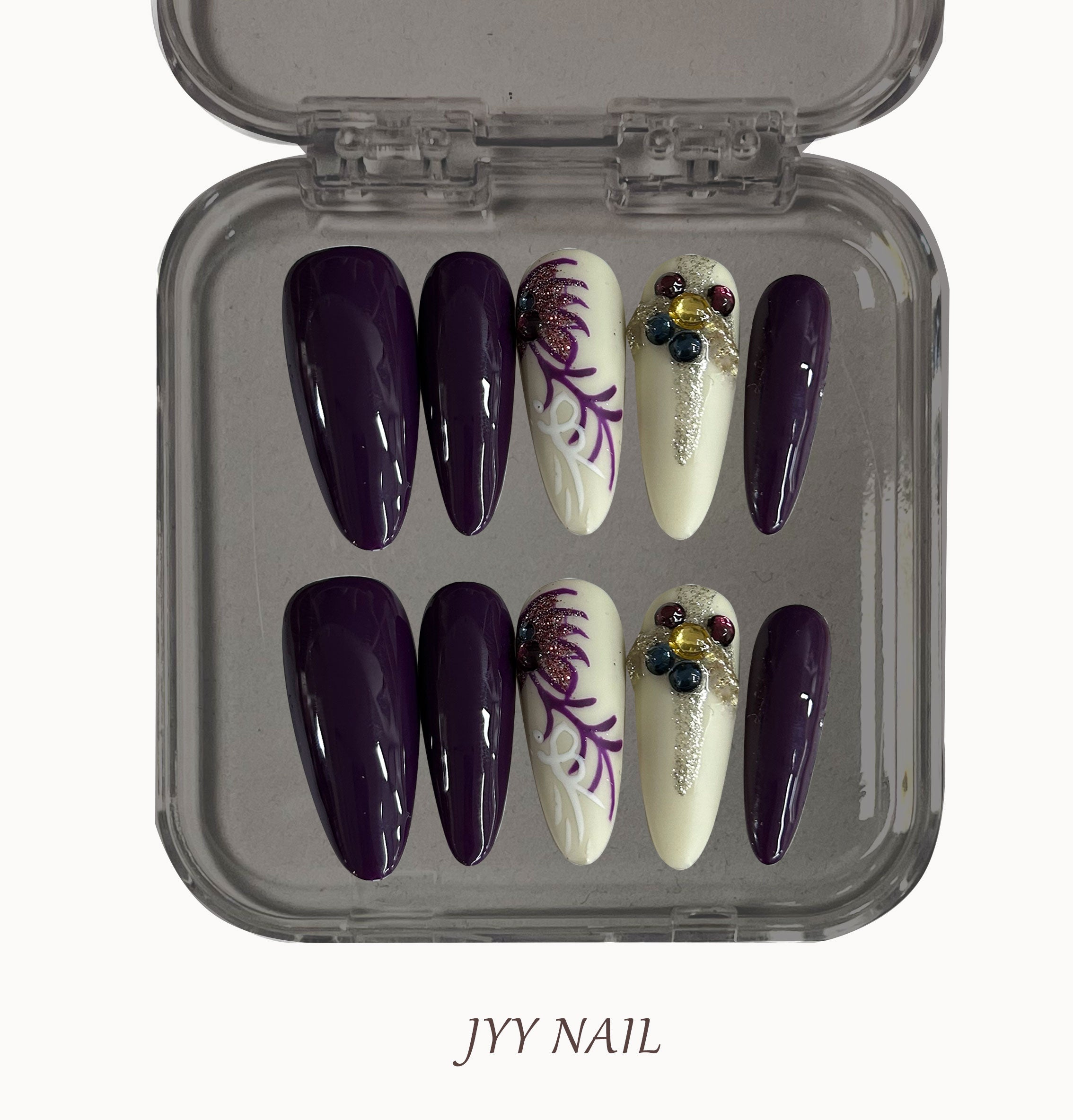 A355 Purple-white leaves：Pure hand-painted high luxury custom manicure