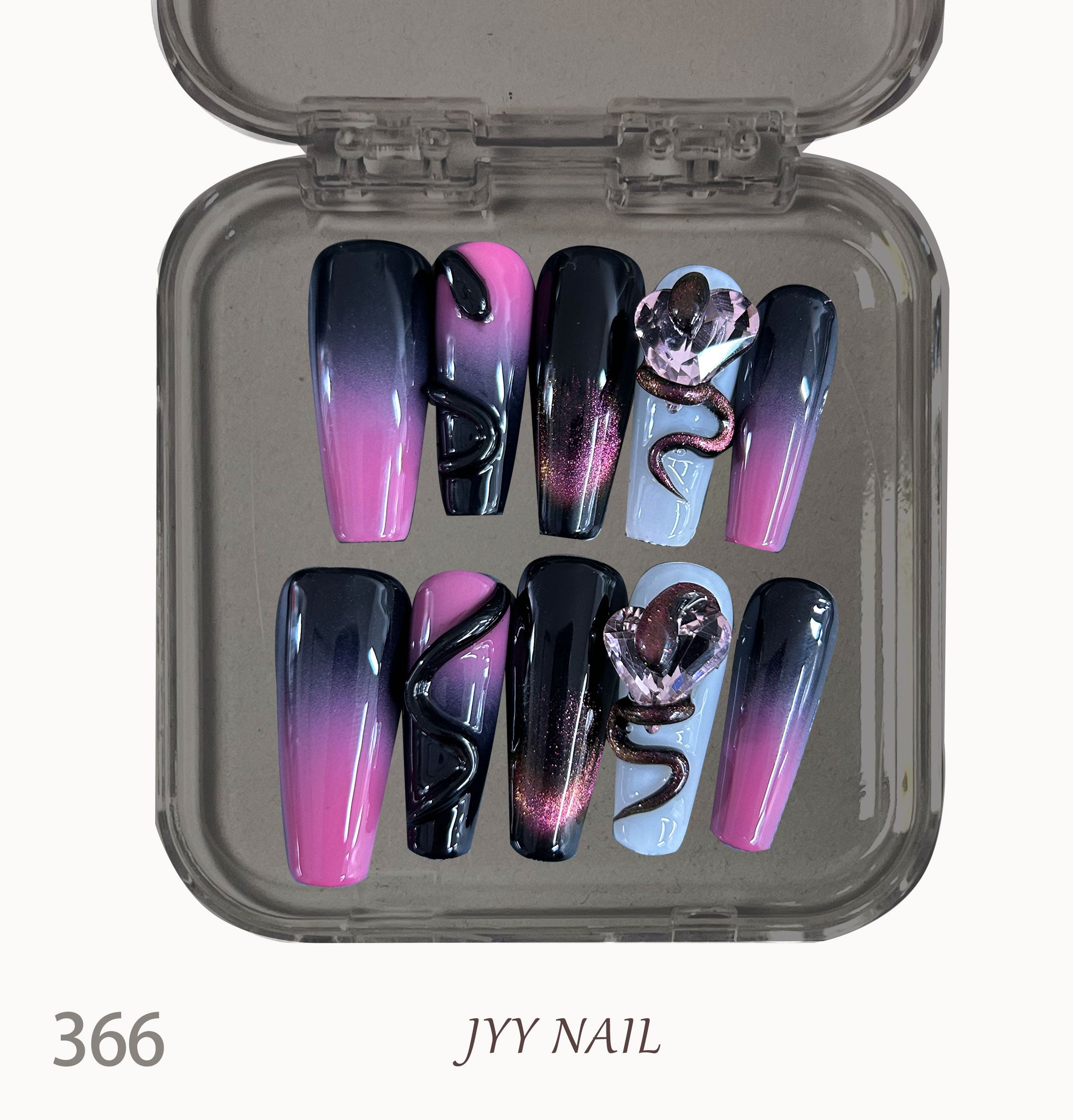 A366 Pink snake:Black powder gradient hand pinch three-dimensional snake high-end custom manicure