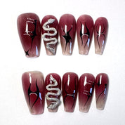 A36 Dark red star snake:Metal silver heavy industry custom snake series press on nails