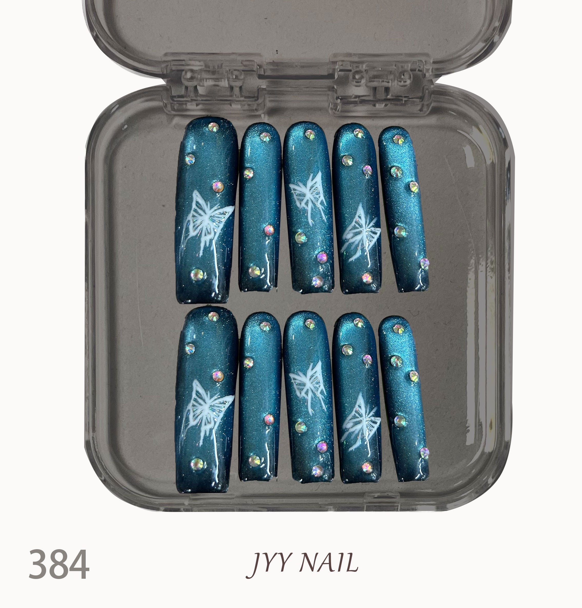 A384 Blue cat eye butterfly:High luxury lake blue luxury custom cat eye manicure