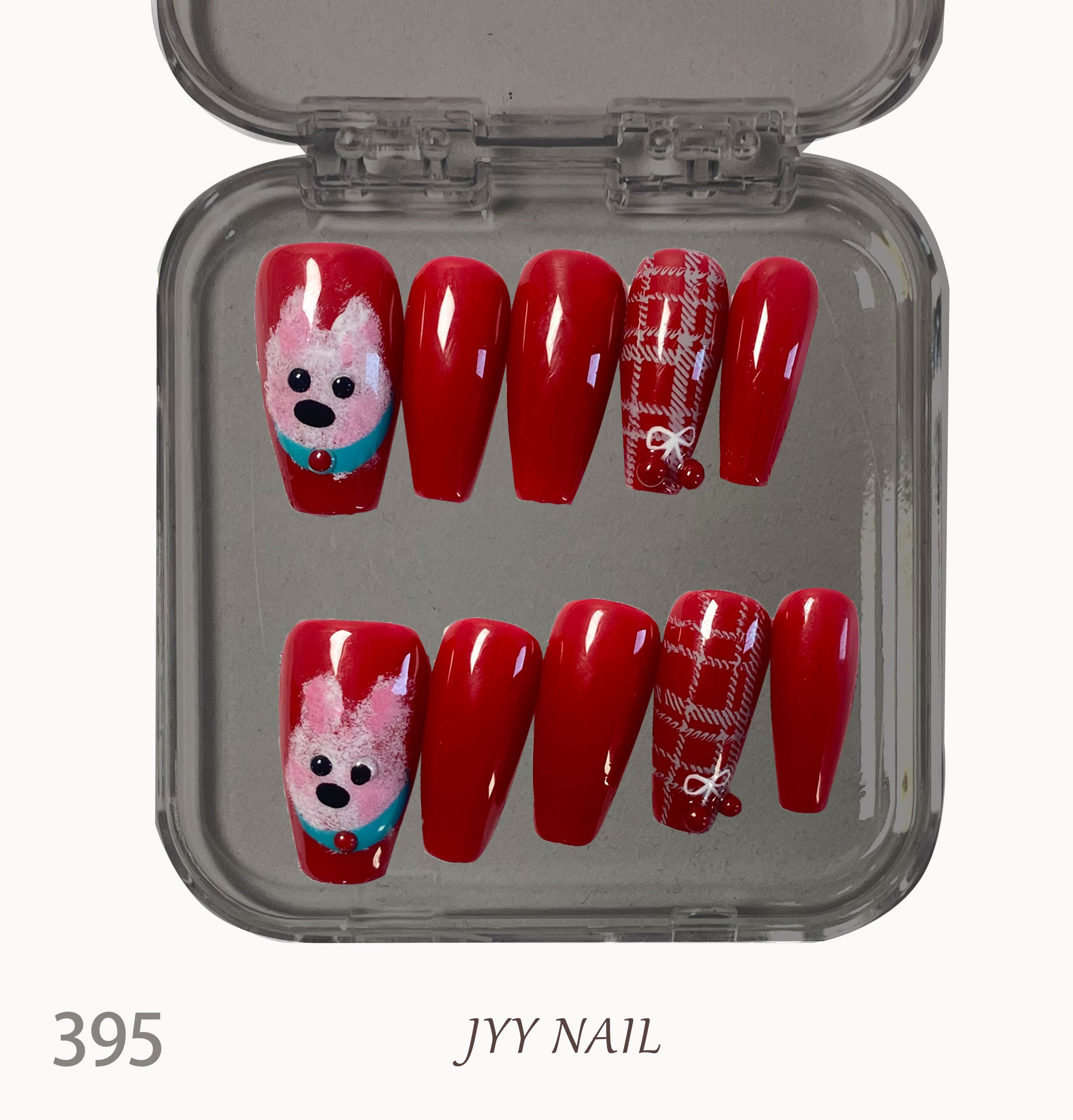 A395 Red checkered rabbit:Red check rabbit pure hand-painted manicure