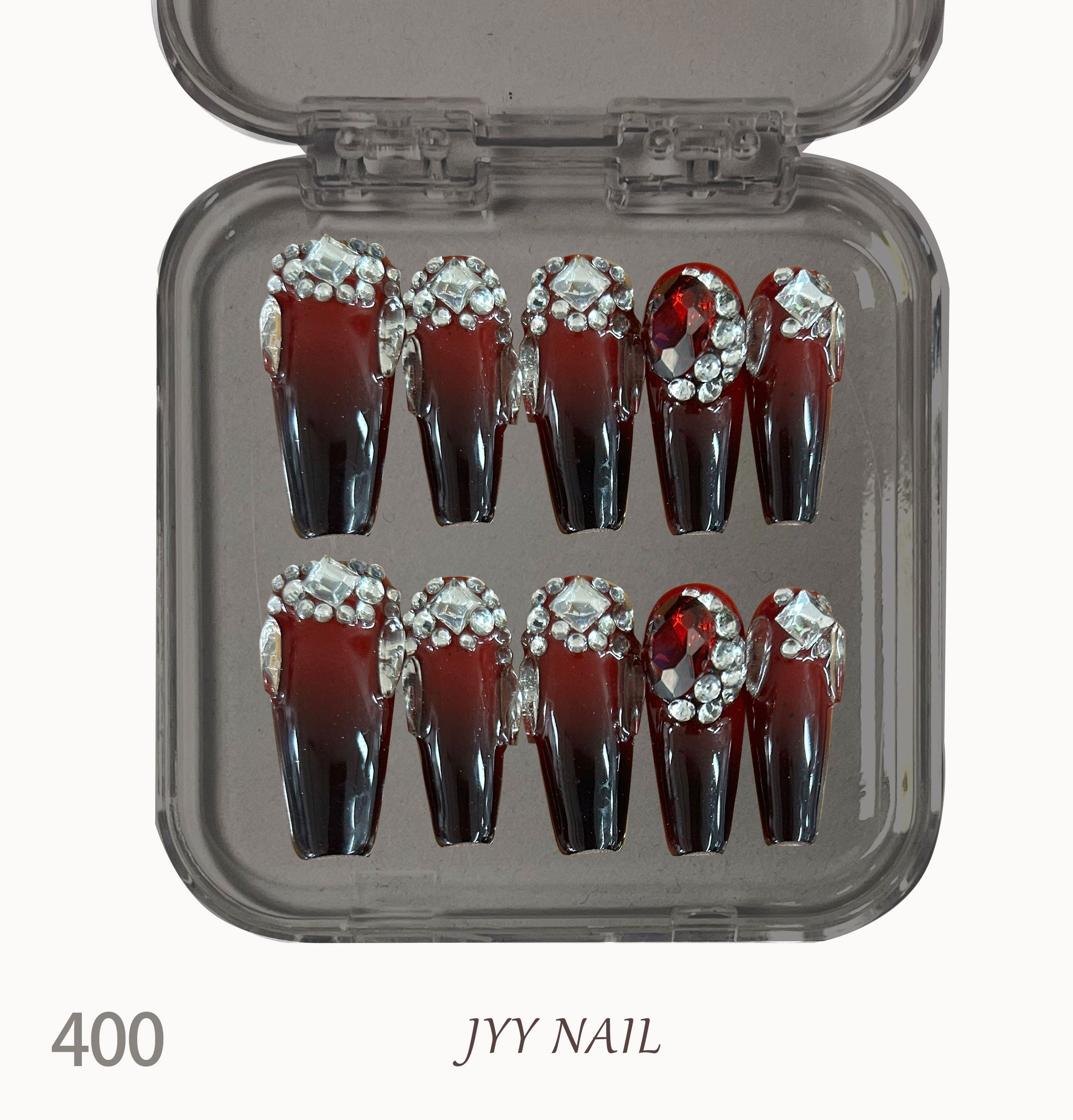 A400 Black and red gradient flash drill:JYY designer original handmade full drill nail art