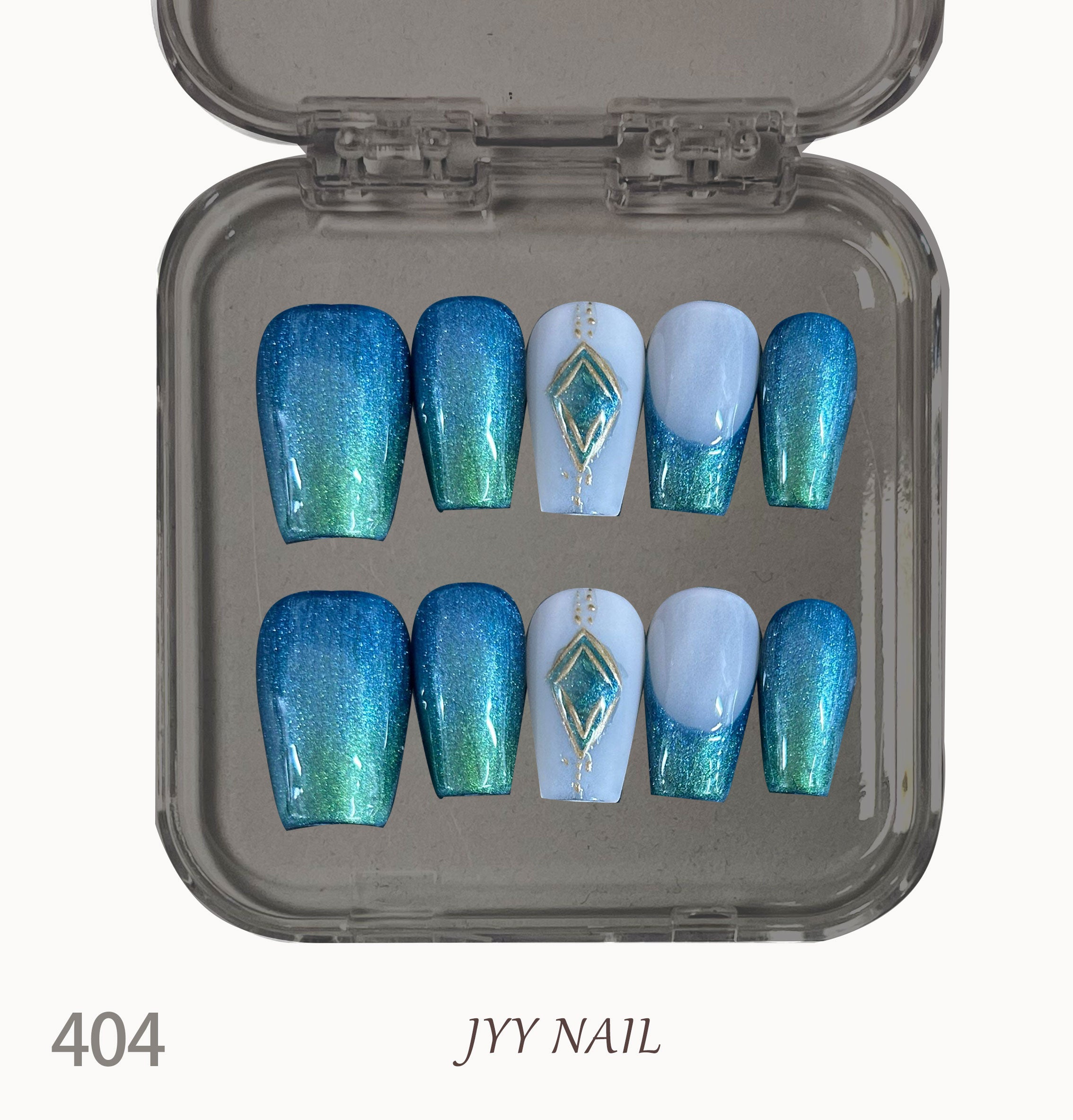 A404 Blue and green peacock gradient:Blue green gradient high luxury custom handmade nail art