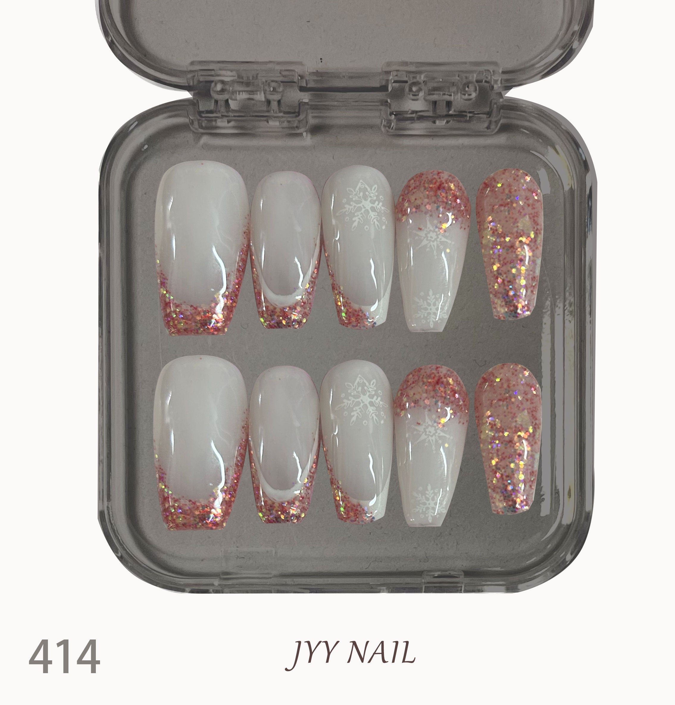 A414 Snowflake glitter fringe:Snowflake Caramel French Glitter Manicure with high-end design