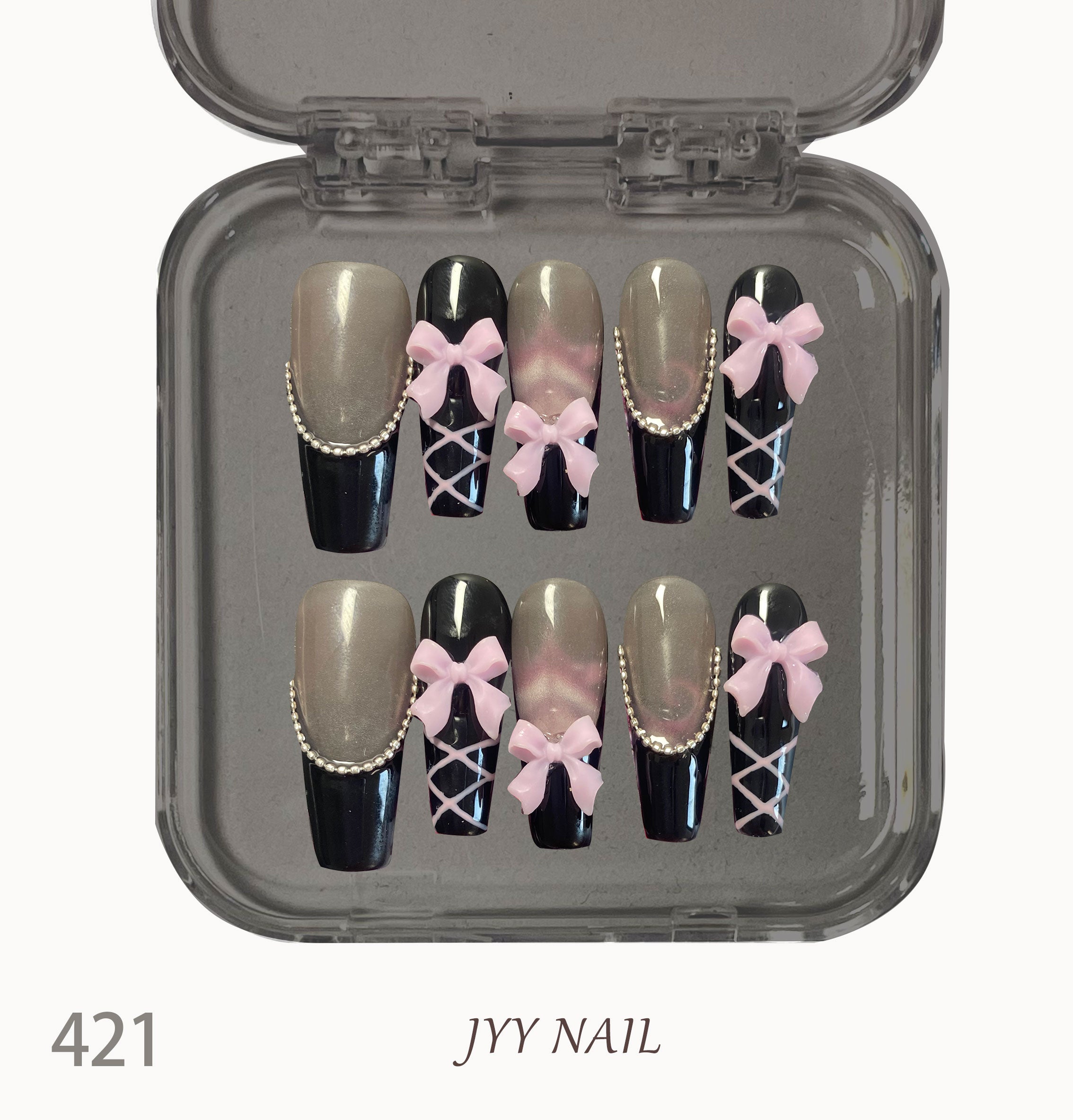 A421 Pink ink bow ballet：Pure hand-painted advanced color matching ballet style nail art