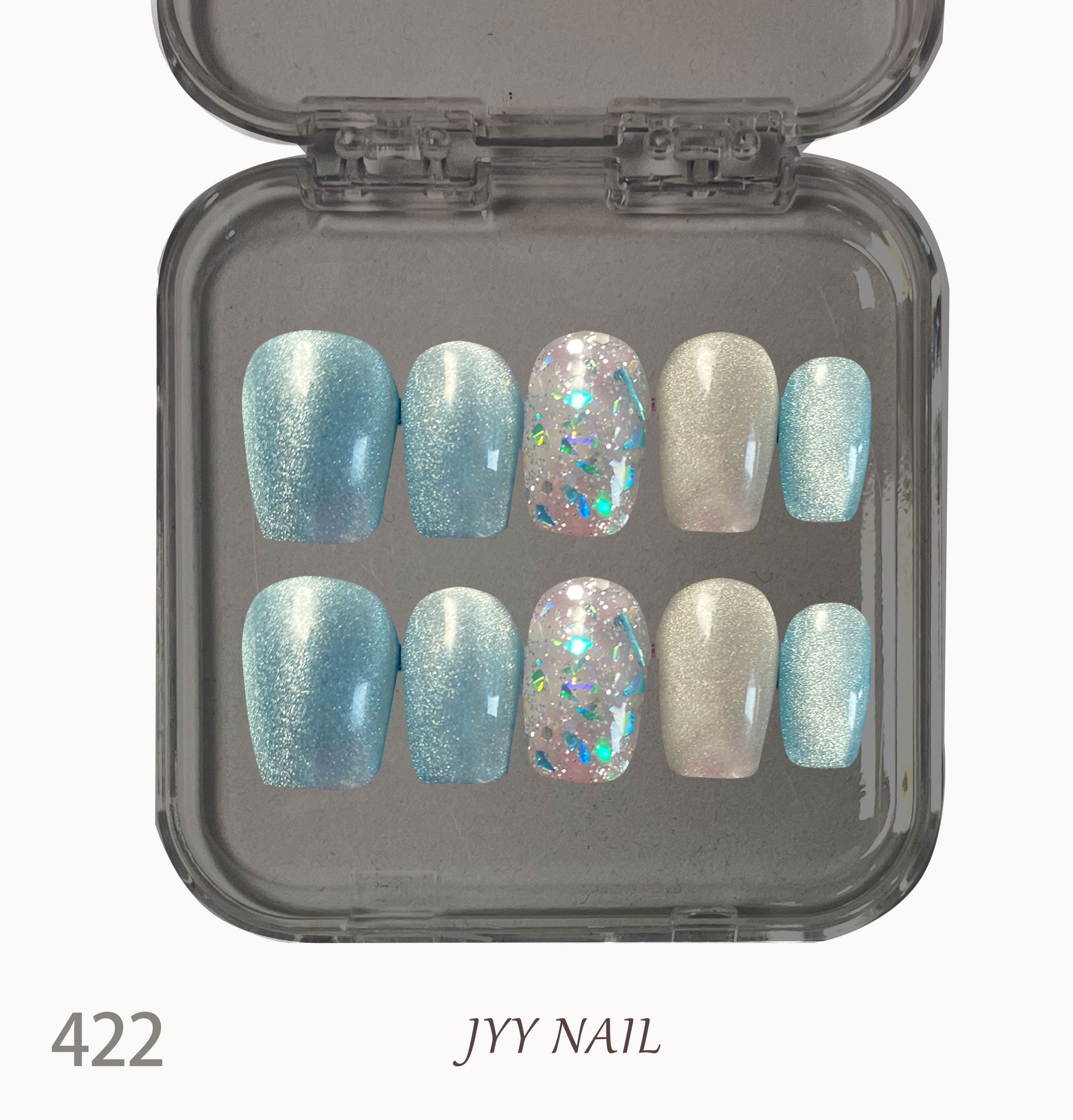 A422 Blue cat's eye fringe:High luxury lake blue fringe manicure