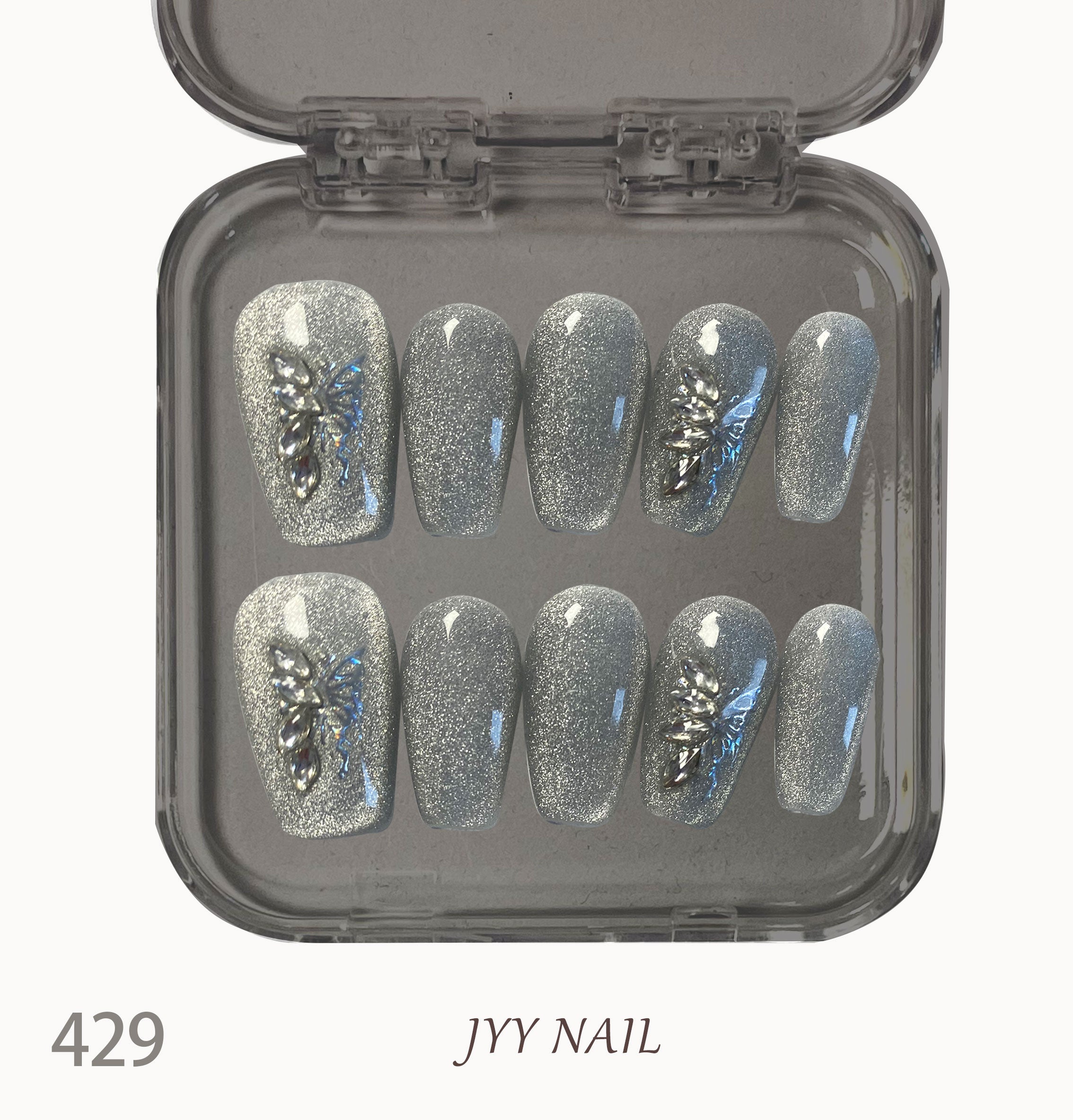 A429 Silver cat-eye butterfly:Hand-painted silver fortune butterfly high order manicure