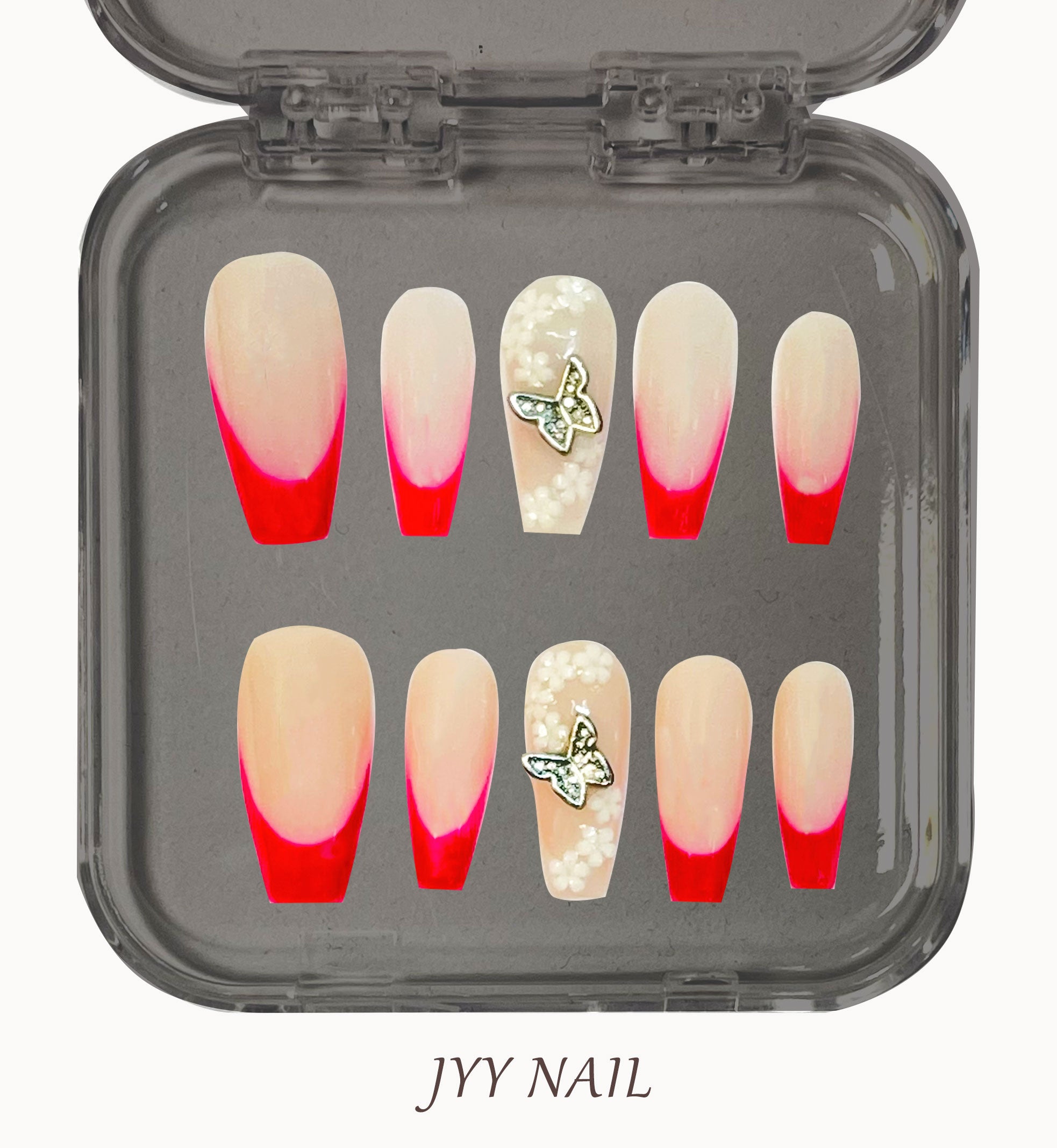 A51 Red butterfly:Heavy silver butterfly gradient red French press on nails