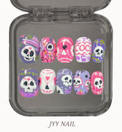 A60 Coco:Hand-painted little colorful skeletons press on nails