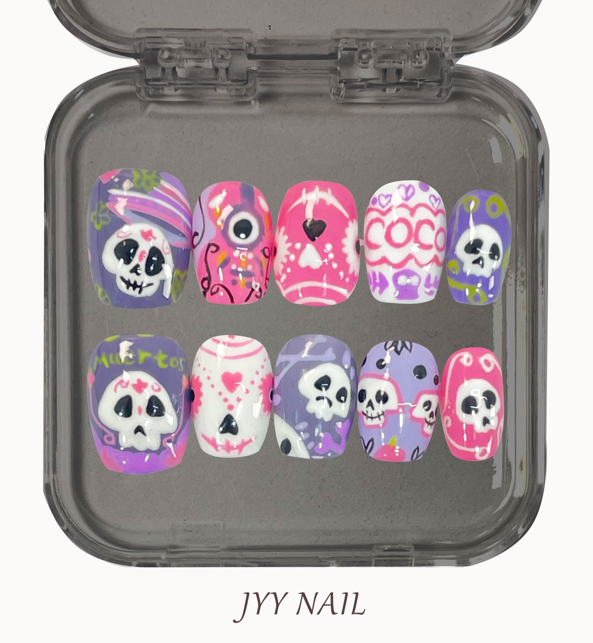 A60 Coco:Hand-painted little colorful skeletons press on nails