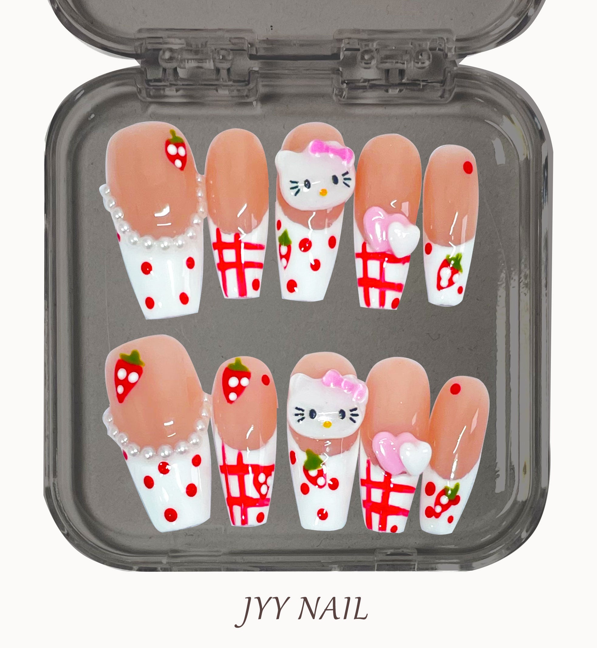 A69 Happy Kitty: Hand-painted three-dimensional Kitty cat custom manicure press on nails