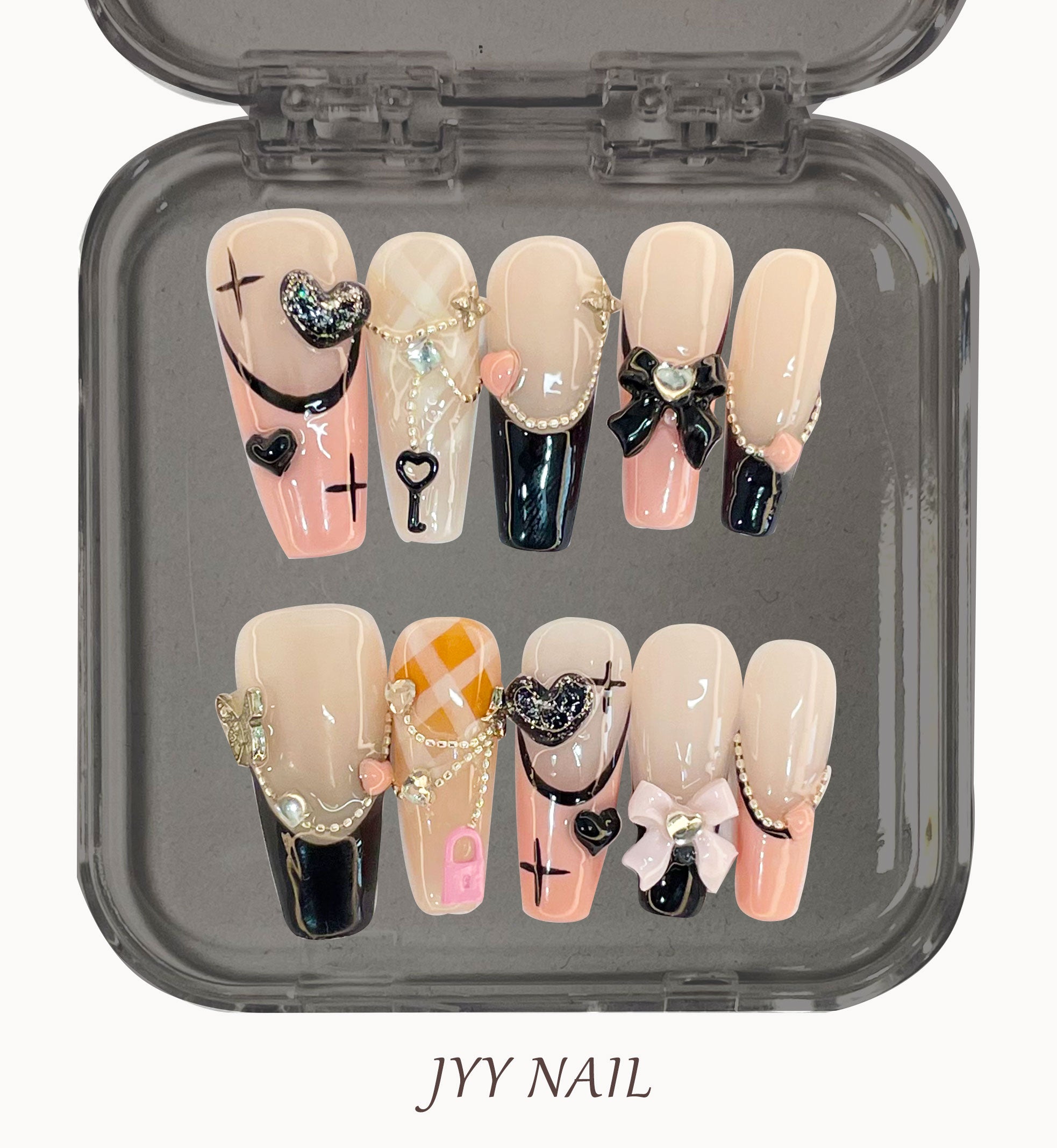 A75 Nude pink black bow:Premium hand-painted pure hand-painted line metal bow press on nails