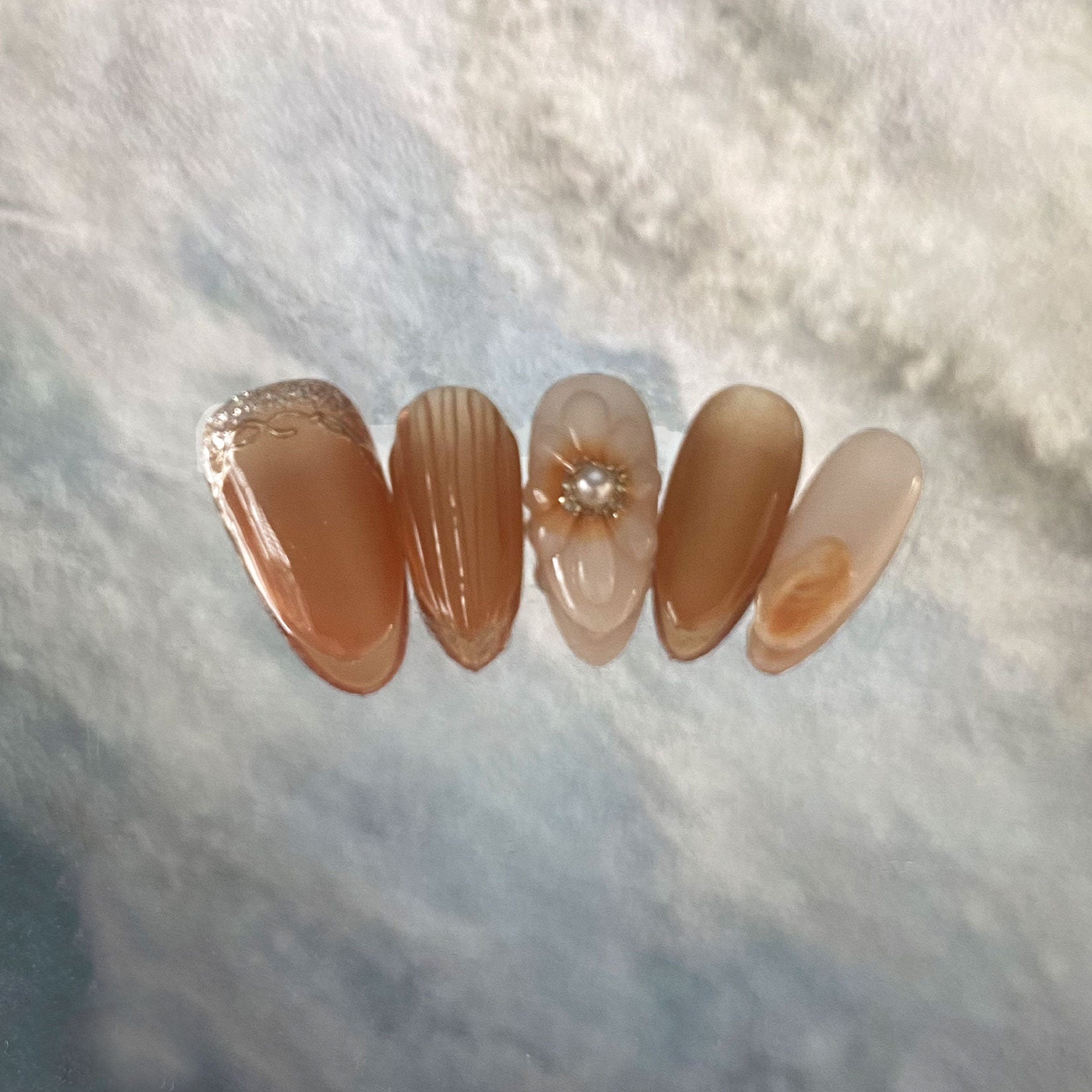 A76 Caramel flower:Hand-carved art nail art custom design